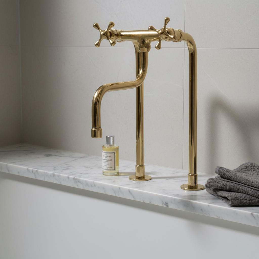 Gold faucet on a marble countertop with a bottle and towel in the background