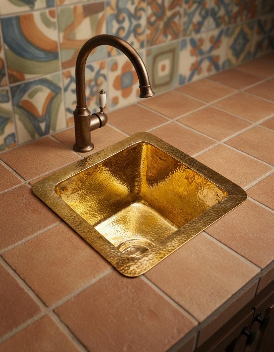 Handmade Solid Brass Bar Sink Square Hammered Undermount Prep Sink Unlacquered Brass Kitchen Sink
