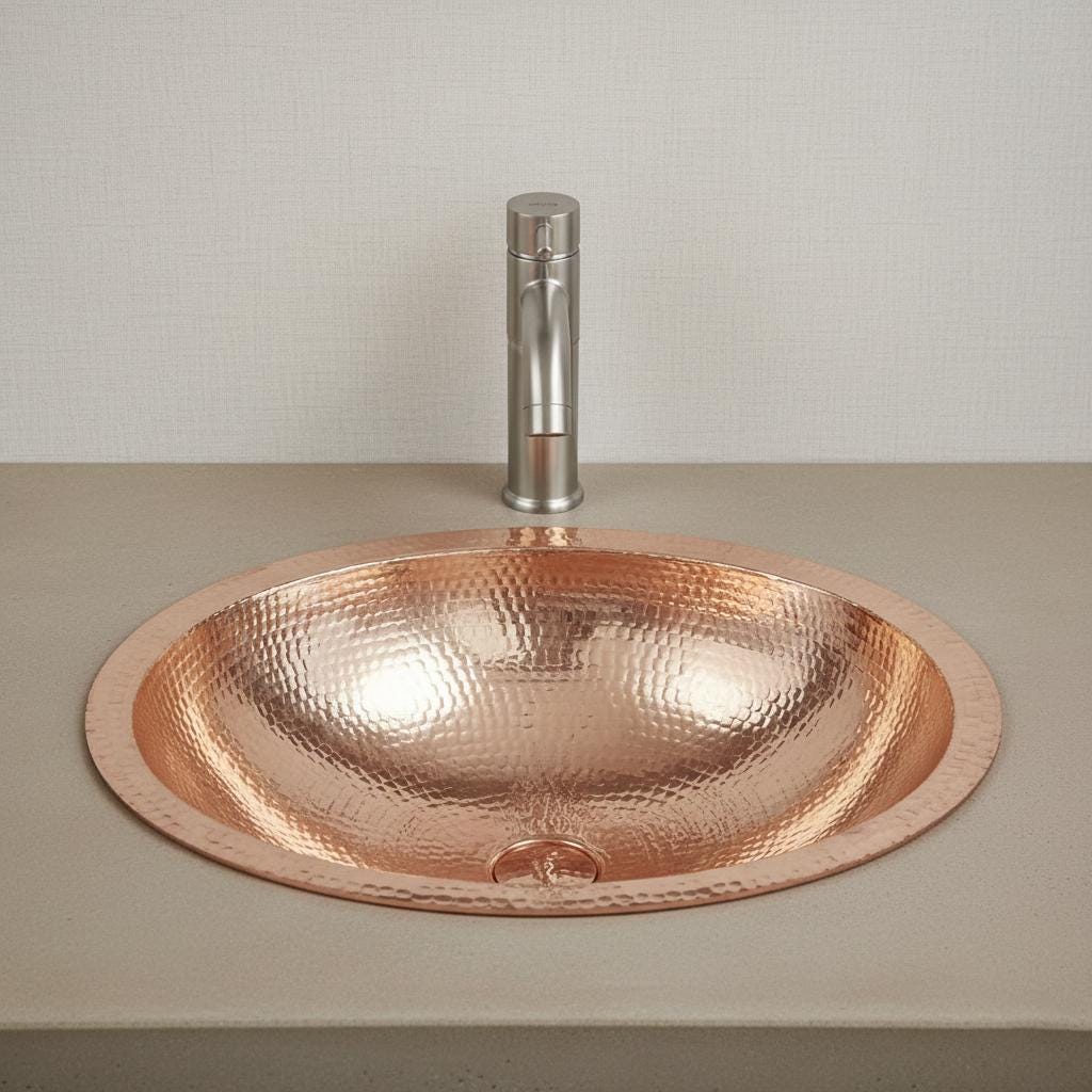 Handmade Oval Undermount Copper Bathroom Sink with Hammered Texture and Free Pop Up Drain