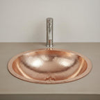 Handmade Oval Undermount Copper Bathroom Sink with Hammered Texture and Free Pop Up Drain