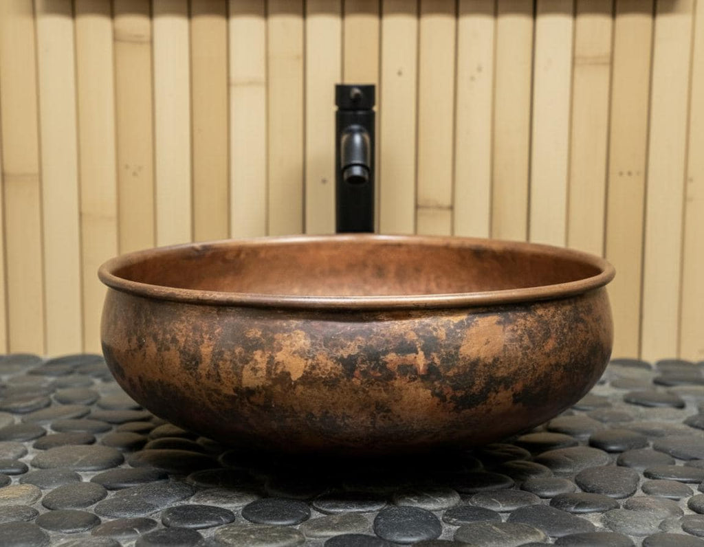 Handmade Fire Patina Copper Vessel Sink with Aged Finish for Luxury Bathroom Vanity Designs