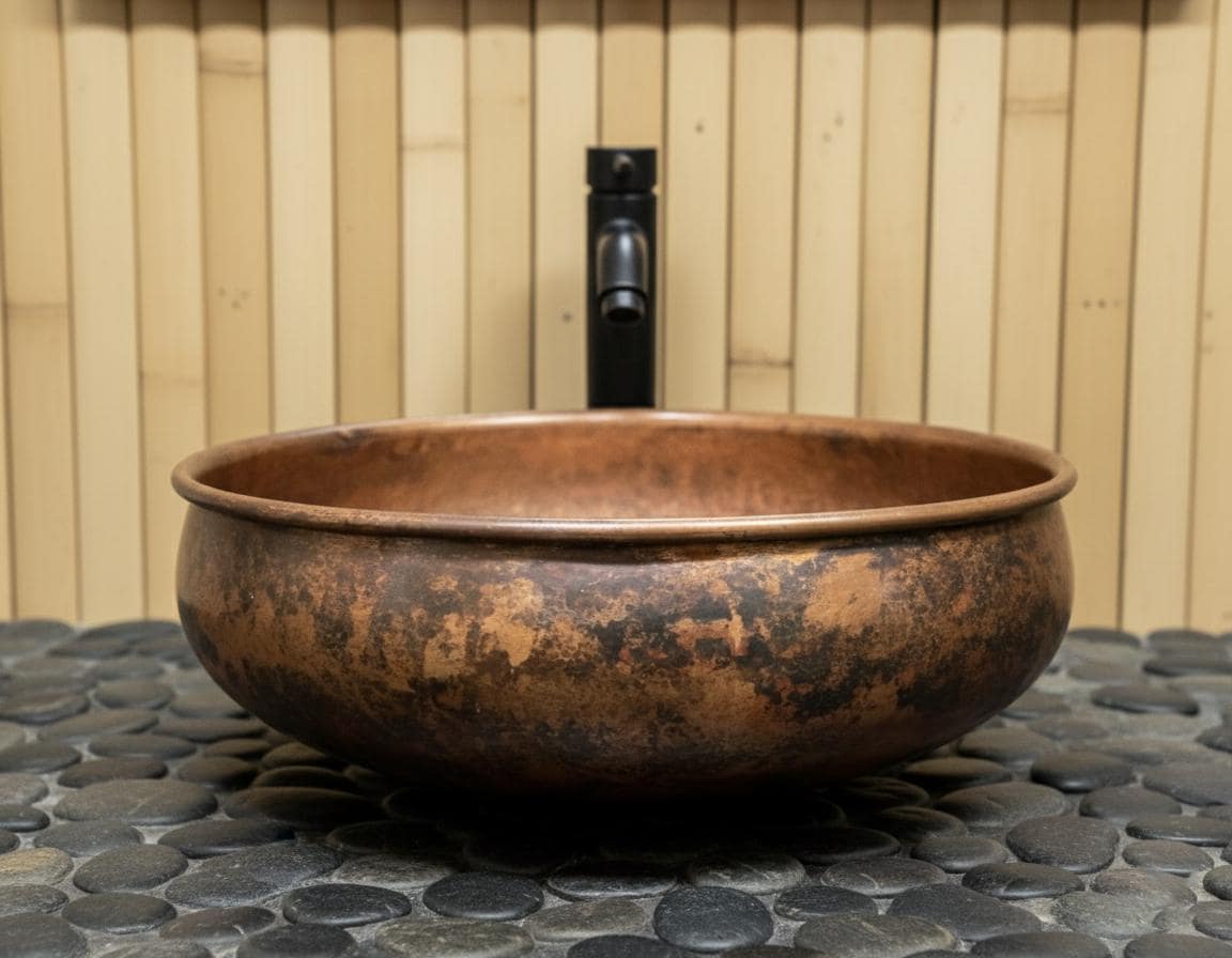 Handmade Fire Patina Copper Vessel Sink with Aged Finish for Luxury Bathroom Vanity Designs