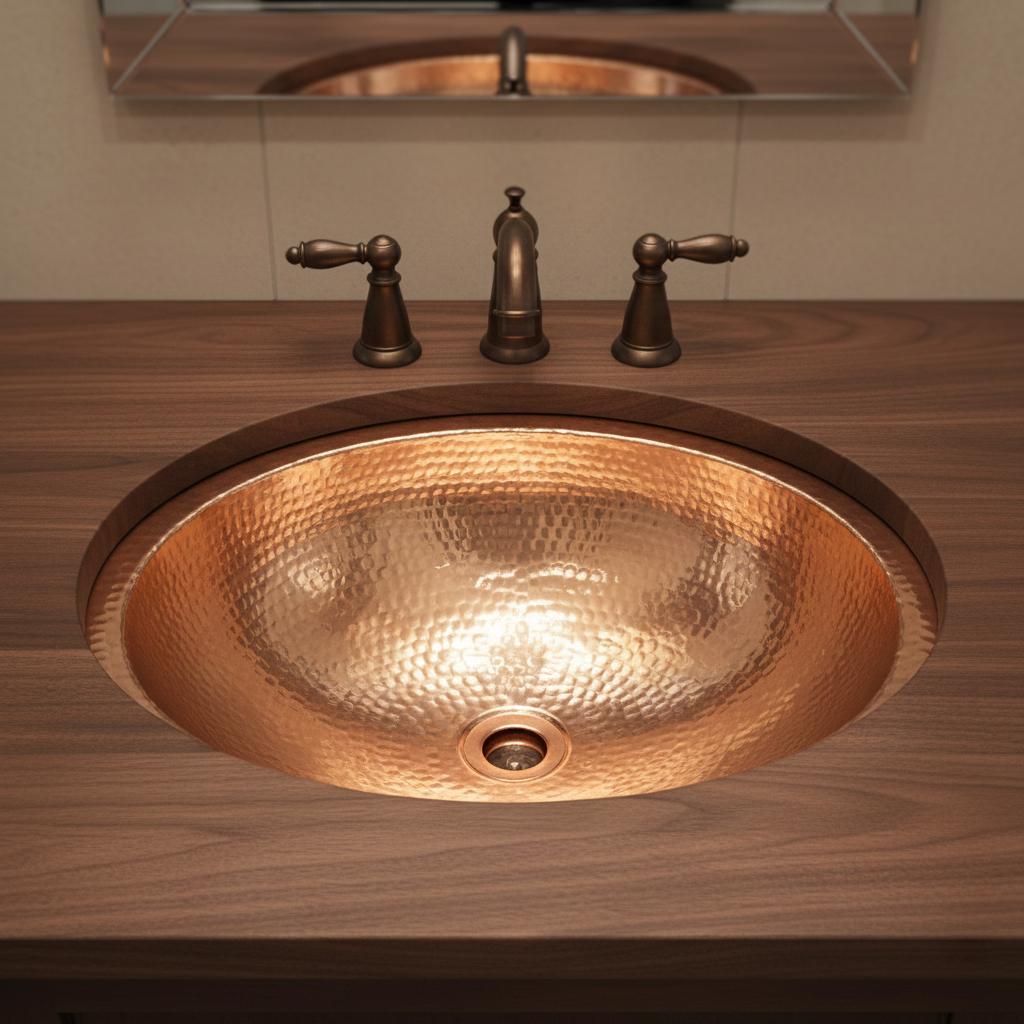 Handmade Oval Undermount Copper Bathroom Sink with Hammered Texture and Free Pop Up Drain