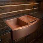 Handmade Hammered Copper Farmhouse Workstation Sink with Apron Front and Removable Prep Tray