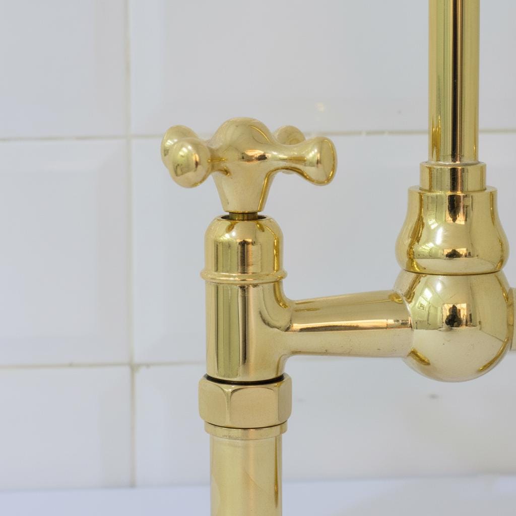 Handmade Solid Brass Bridge Faucet – Polished Brass Kitchen Mixer Tap with Gooseneck Spout, Classic Farmhouse Sink Fixture