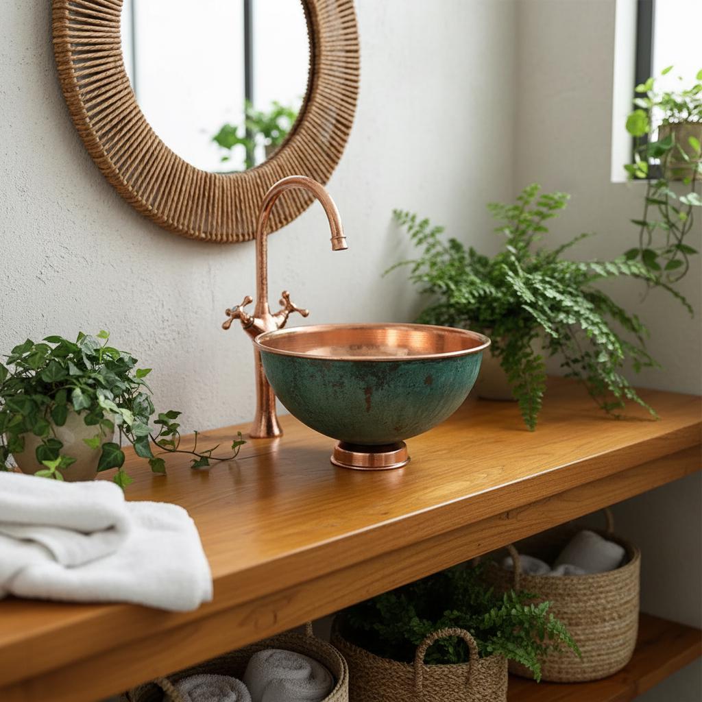 Handmade Turquoise Patina Copper Vessel Sink with Faucet for Luxury Bathroom Vanity Decor