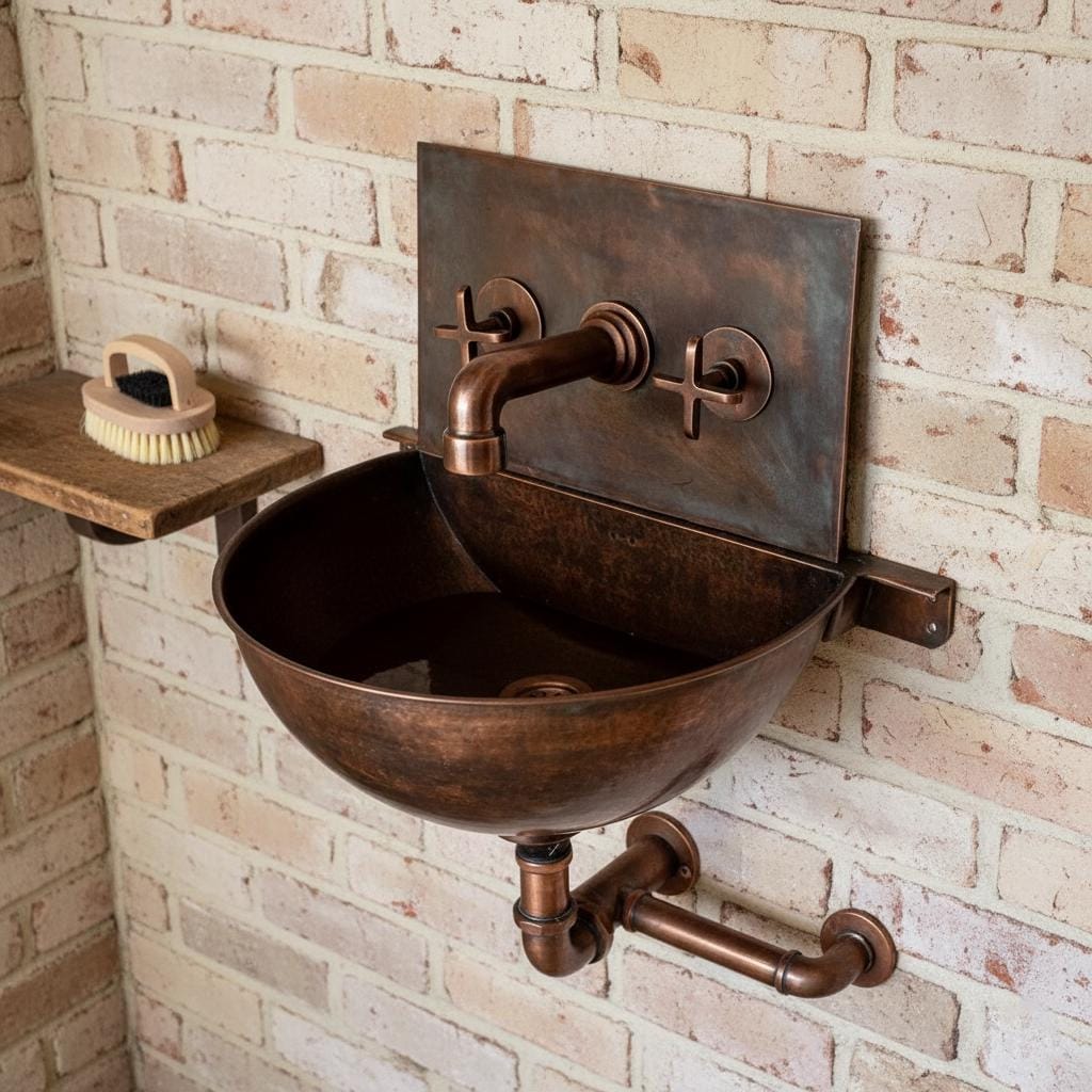 Wall-mounted copper sink with rustic design against a brick wall.