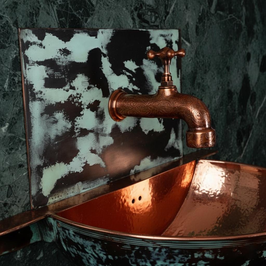 Handmade Turquoise Patina Copper Wall Mount Sink with Faucet for Luxury Artistic Bathroom Designs