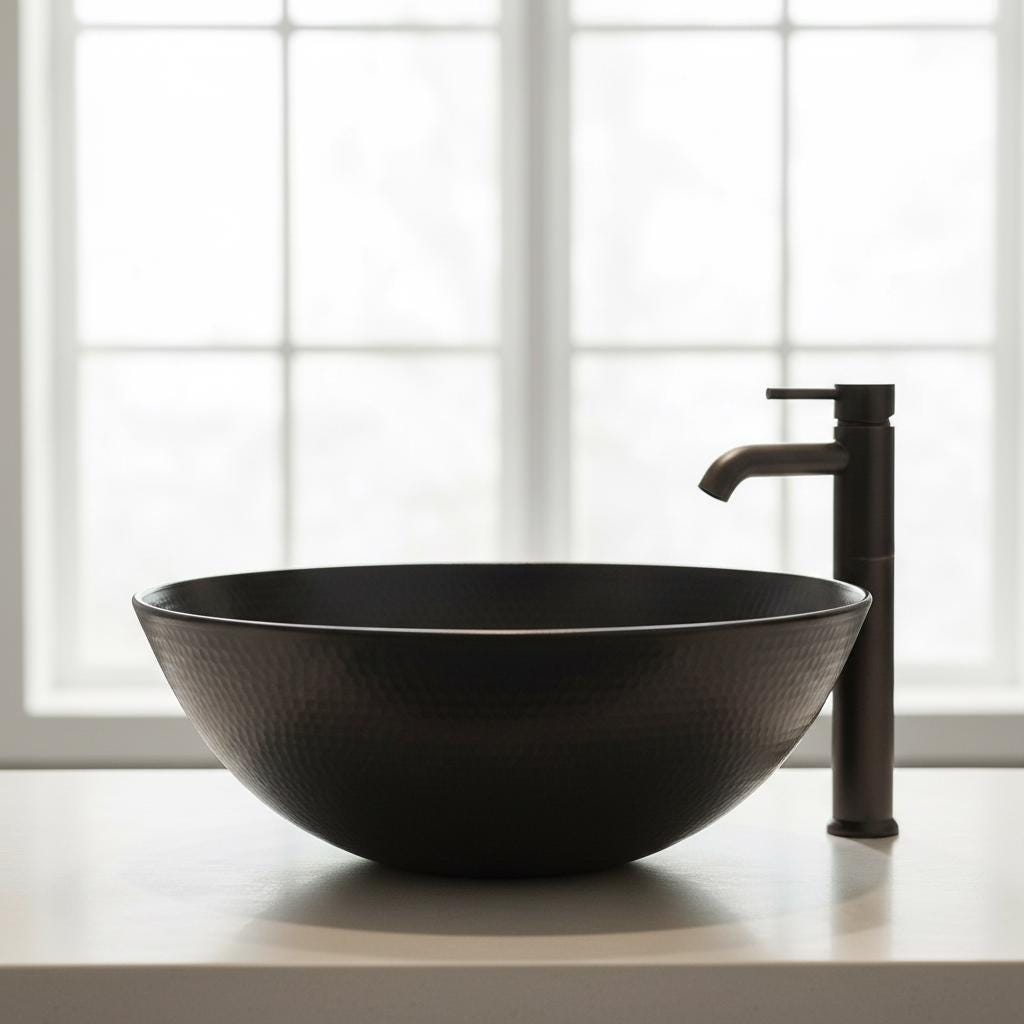 Handmade Hammered Round Vessel Sink Solid Copper Basin with Matte Black Finish for Elegant Luxury Interiors