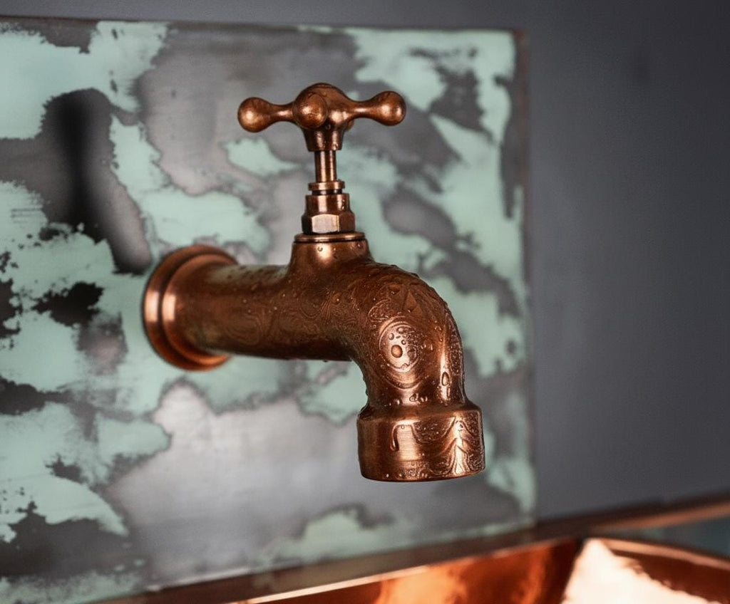 Handcrafted Turquoise Patina Copper Wall Mount Sink with Hammered Interior for Unique Luxury Bathrooms