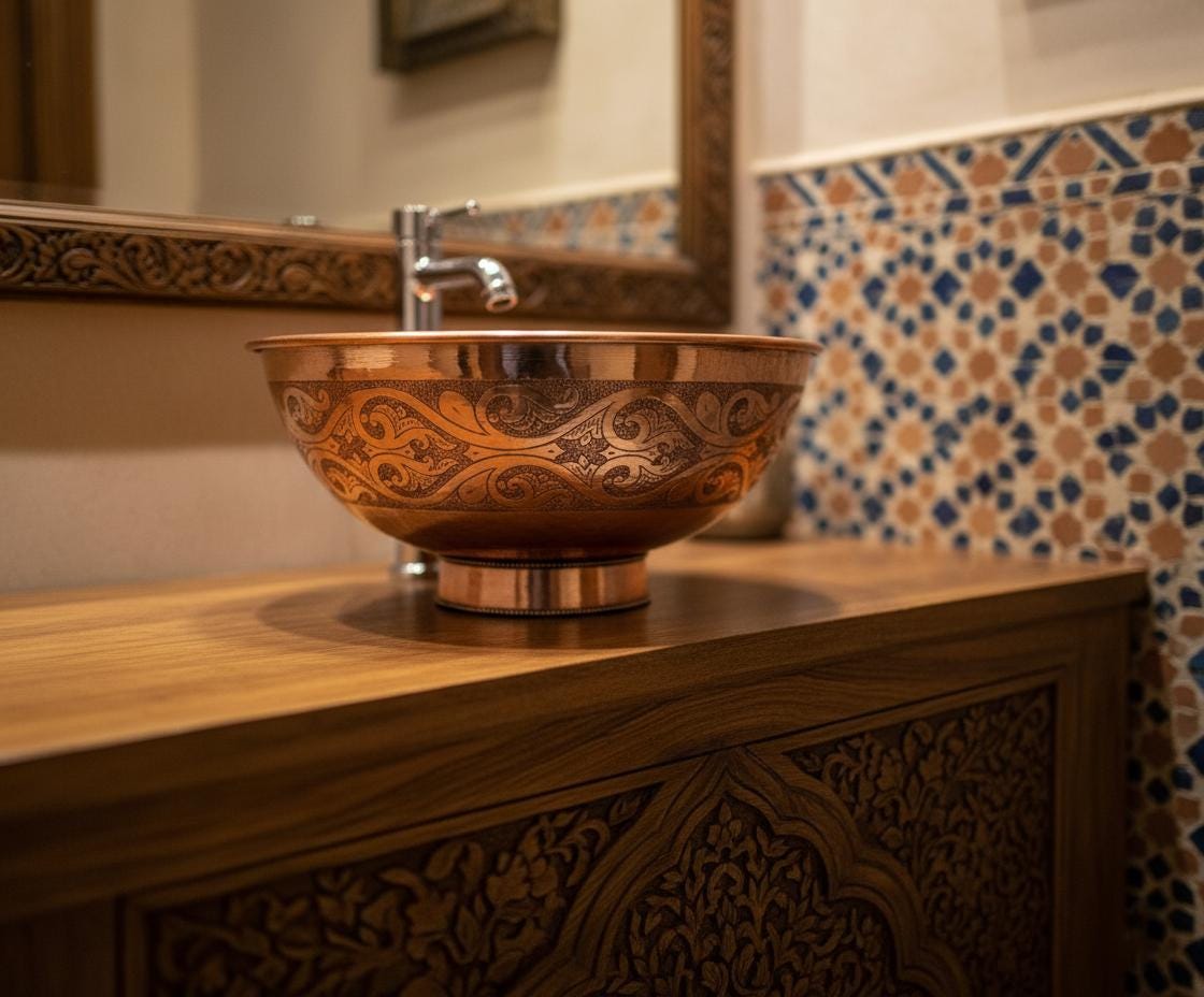 Handmade Solid Copper Vessel Sink with Engraved Bowl Design, Bathroom Vanity Countertop Basin