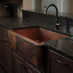 Handmade Fire Patina Hammered Copper Farmhouse Apron Front Sink for Modern Rustic Kitchen Designs