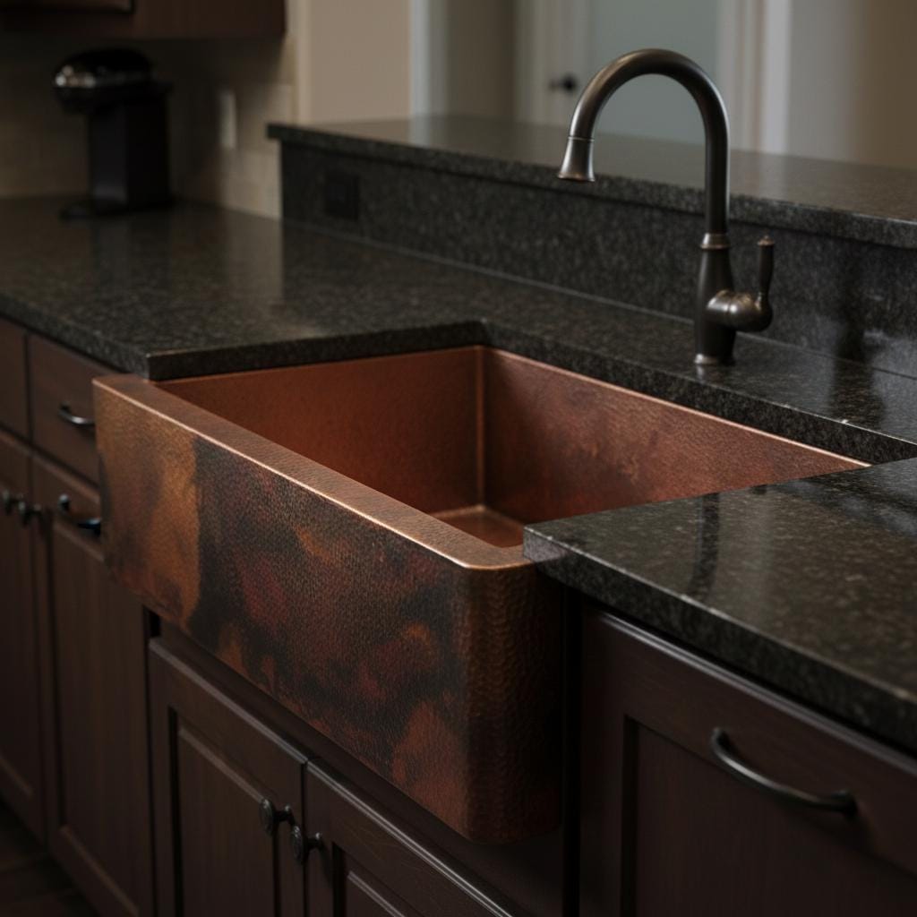 Handmade Fire Patina Hammered Copper Farmhouse Apron Front Sink for Modern Rustic Kitchen Designs