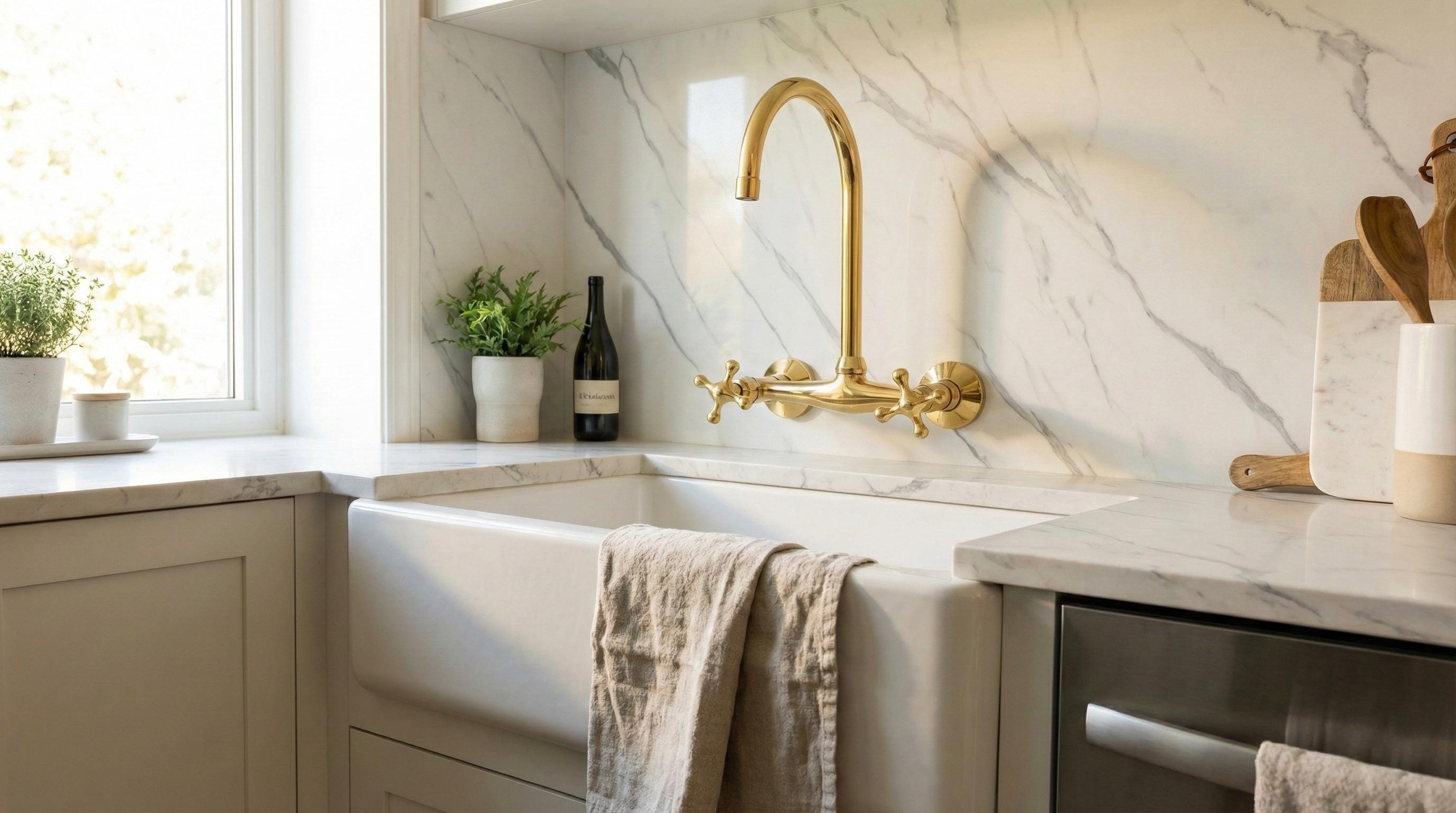 Unlacquered Brass Wall Mount Faucet, Handmade Gooseneck Kitchen Tap Water Mixer with Cross Handles