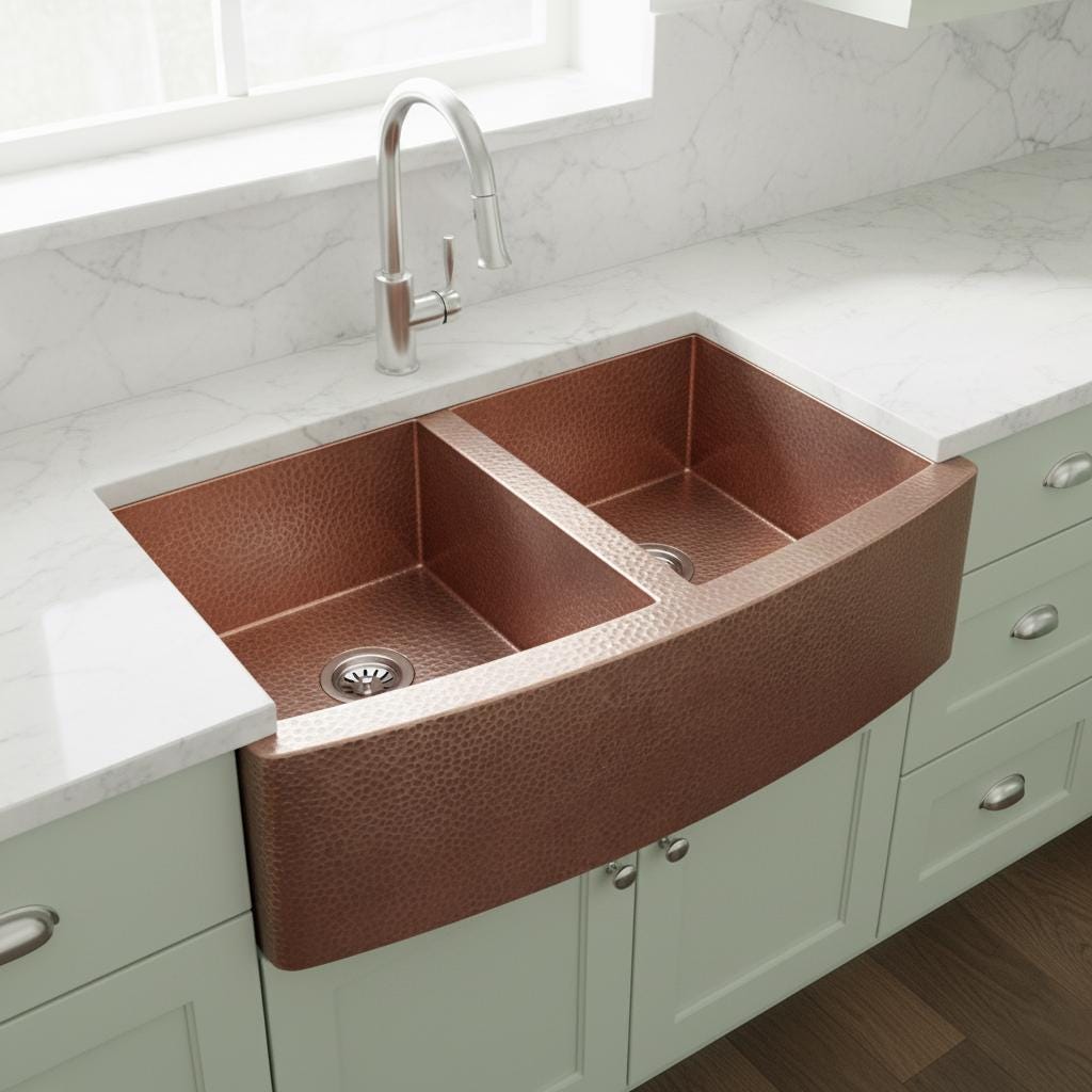 Handmade Hammered Copper Farmhouse Kitchen Sink with Double Bowl Apron Front for Luxury Spaces
