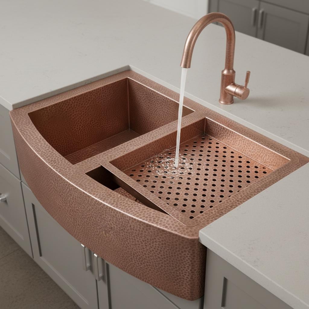 Handmade Hammered Copper Farmhouse Workstation Sink with Apron Front and Removable Prep Tray