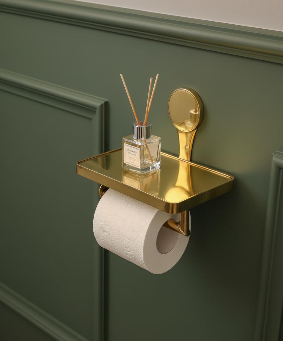 Gold wall-mounted shelf with a diffuser, roll of toilet paper, and decorative sticks on a green wall.