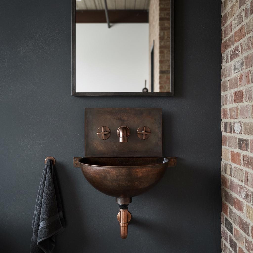 Vintage copper sink mounted on a dark gray wall with a mirror above.