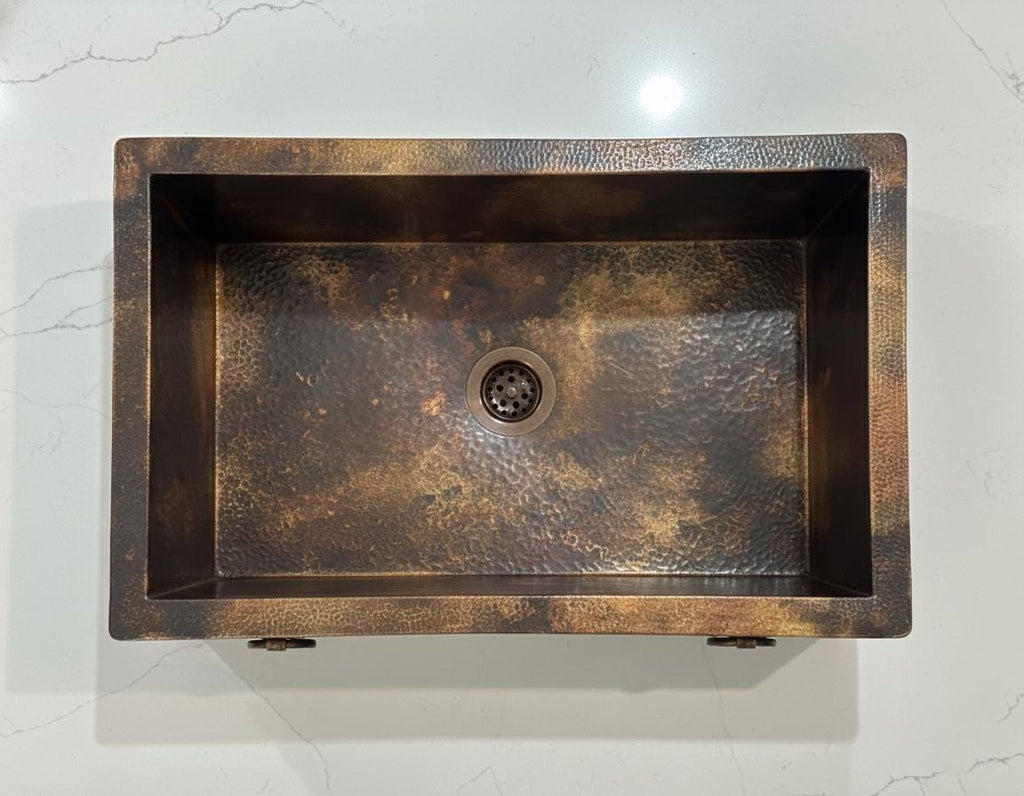 Handmade Fire Patina Farmhouse Apron Sink Solid Hammered Copper Single Bowl Kitchen Statement