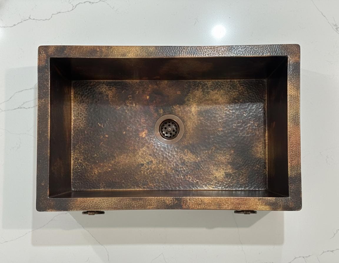Handmade Fire Patina Farmhouse Apron Sink Solid Hammered Copper Single Bowl Kitchen Statement