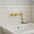 Unlacquered Brass Wall-Mount Faucet – Handmade Solid Brass Bathroom Sink Mixer with Cross Handles