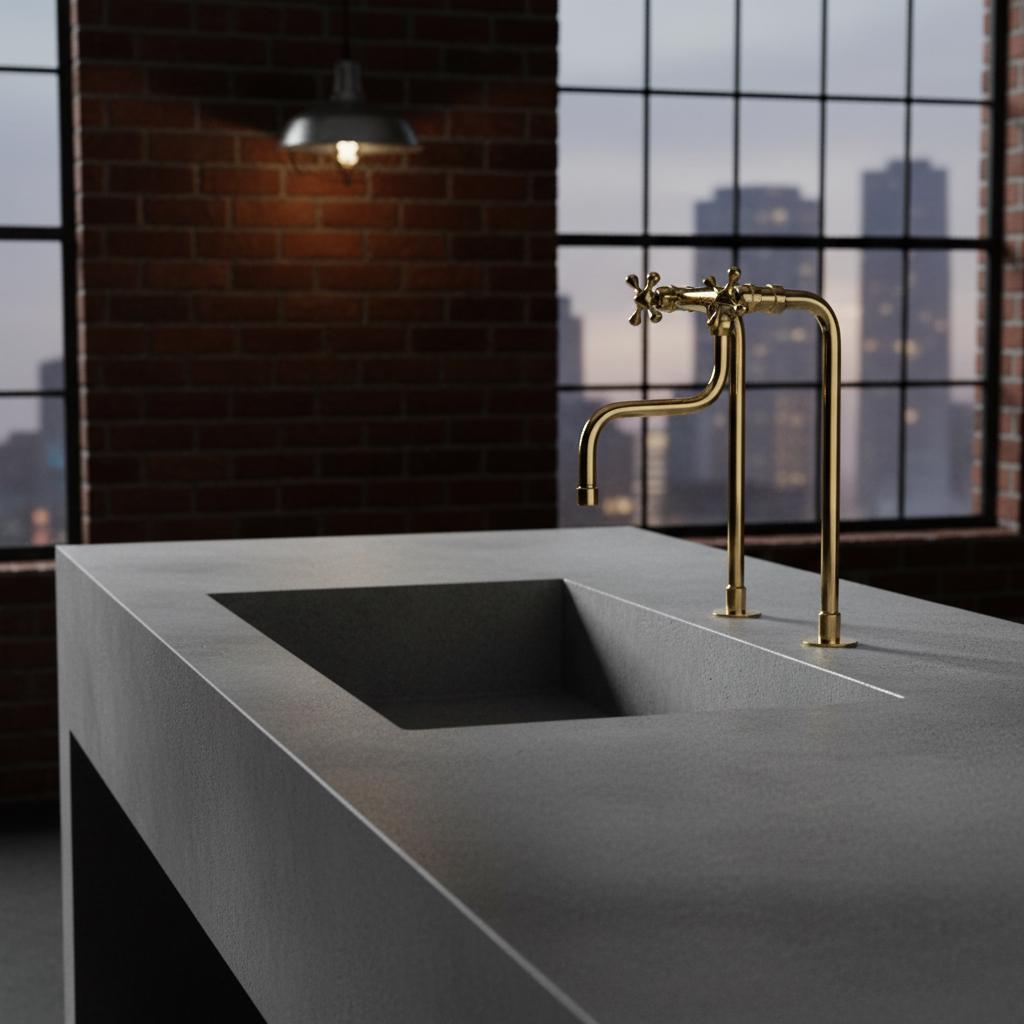 Modern kitchen sink with gold faucet in a room with large windows and cityscape view.