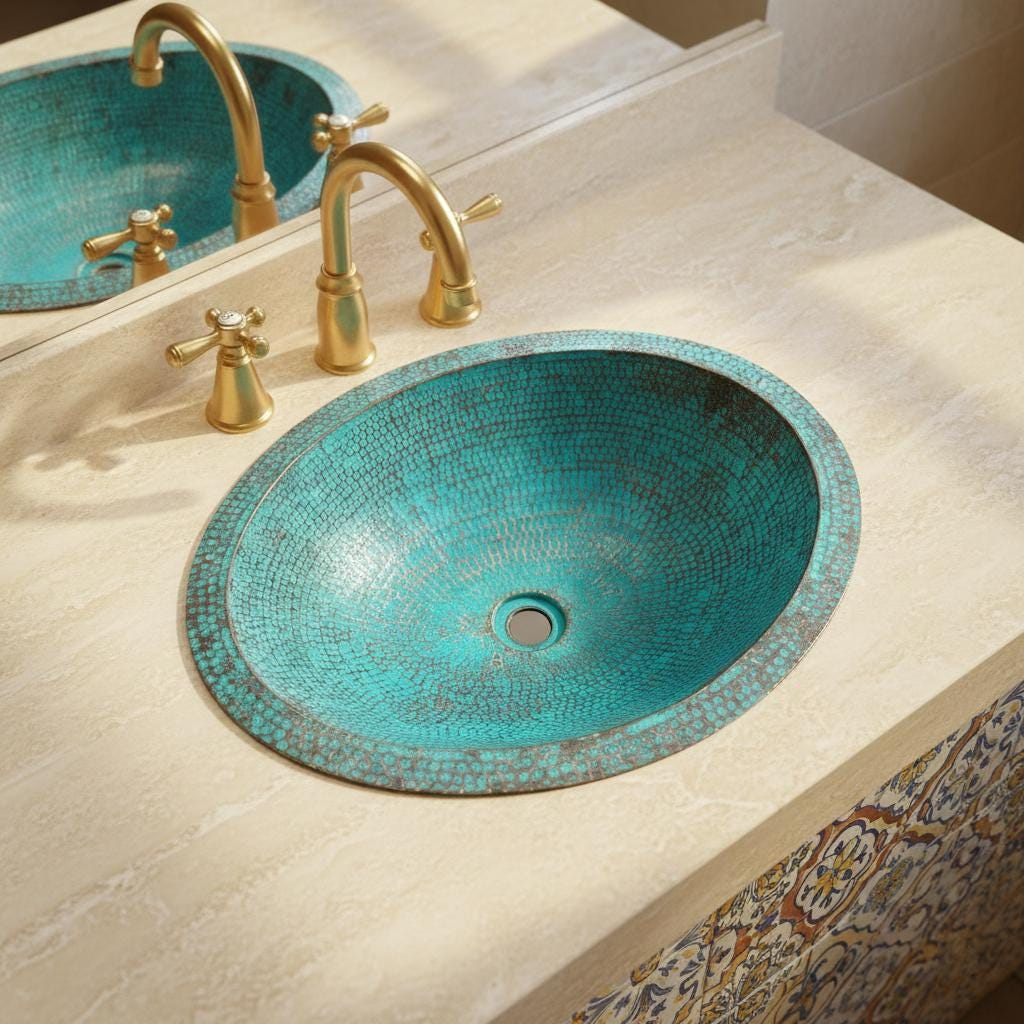 Handcrafted Oval Copper Vessel Basin with Turquoise Patina for Luxury Bathroom Vanity