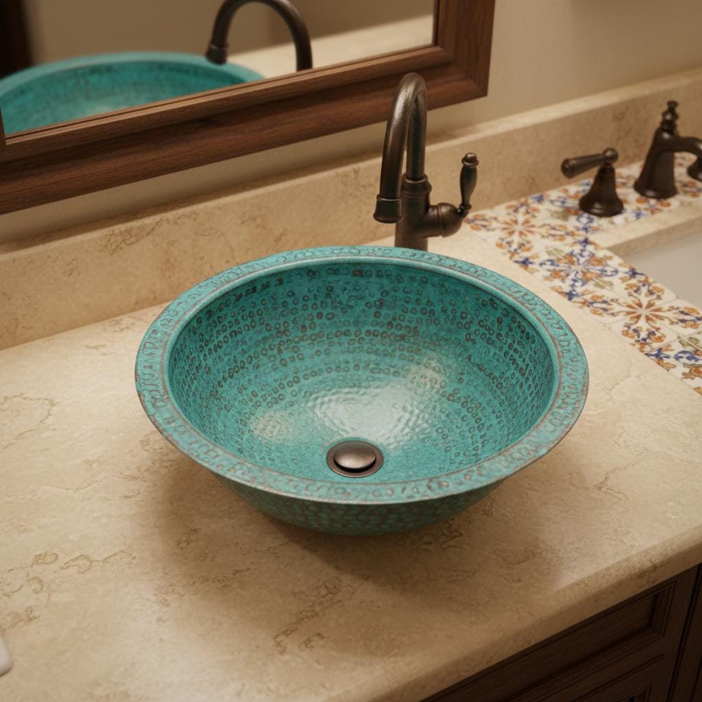 Handmade Round Verdigris Copper Vessel Sink with Green Patina Hammered Finish for Bathroom Vanity