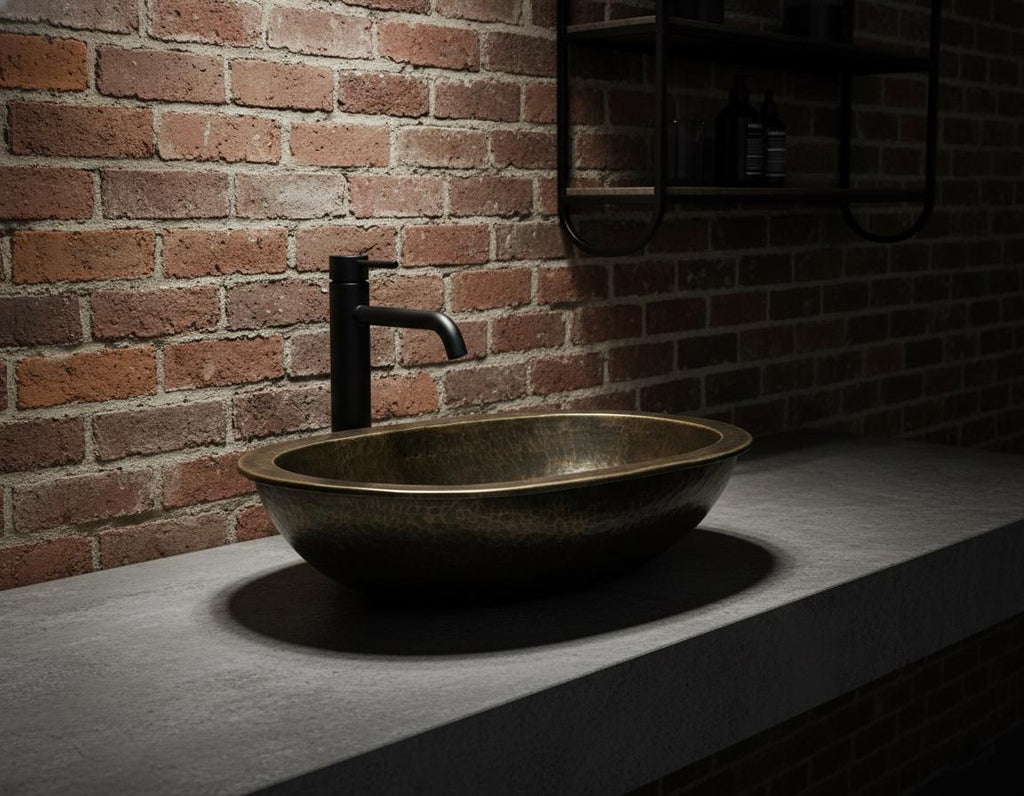 Handmade Oval Brass Vessel Basin – Hammered Antique Finish Bathroom Wash Bowl for Vanity Countertop