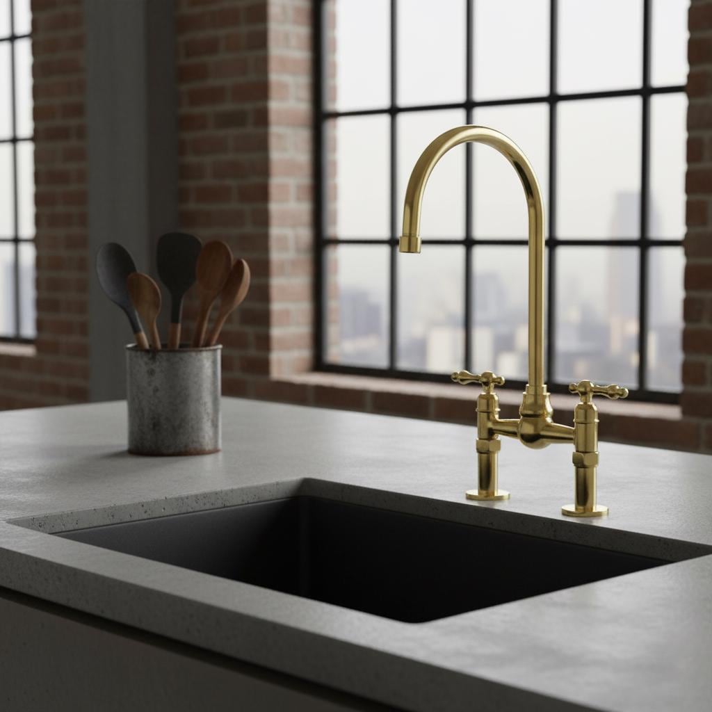 Polished Solid Brass Bridge Faucet, Handmade Kitchen Mixer Tap with Gooseneck Spout for Farmhouse Sinks