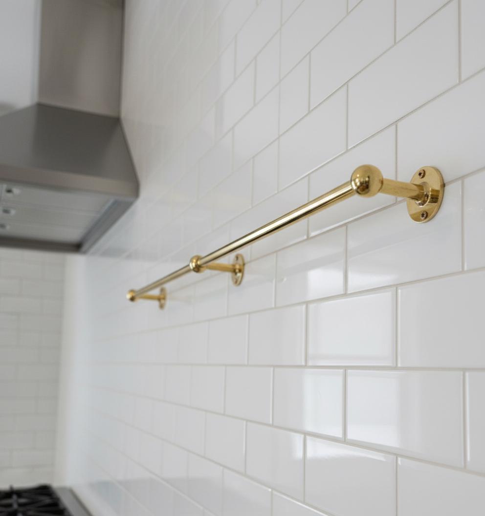 Solid Brass Kitchen Rail with Hooks – Unlacquered Hanging Utensil Bar for Wall