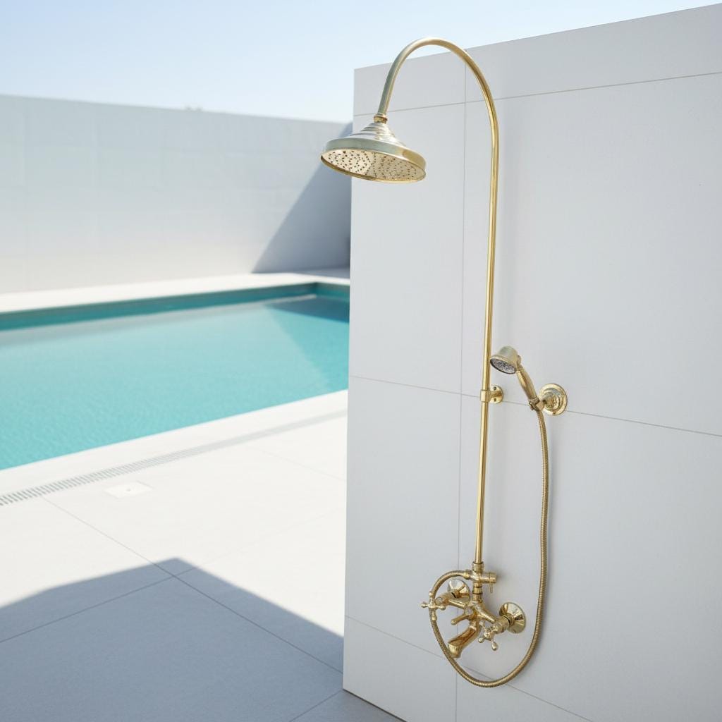 Curved Brass Shower System – Unlacquered Solid Brass Gooseneck Rain Shower with Handheld Sprayer