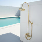 Curved Brass Shower System – Unlacquered Solid Brass Gooseneck Rain Shower with Handheld Sprayer
