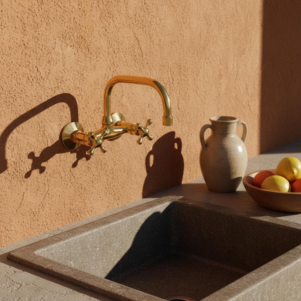 Unlacquered Brass Wall Mount Faucet – Handmade Solid Brass Bar or Bathroom Sink Tap with Cross Handles