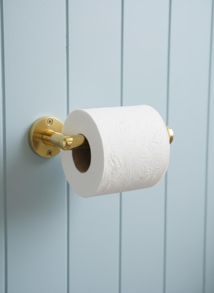Gold toilet paper holder with a roll of toilet paper on a light blue wall.