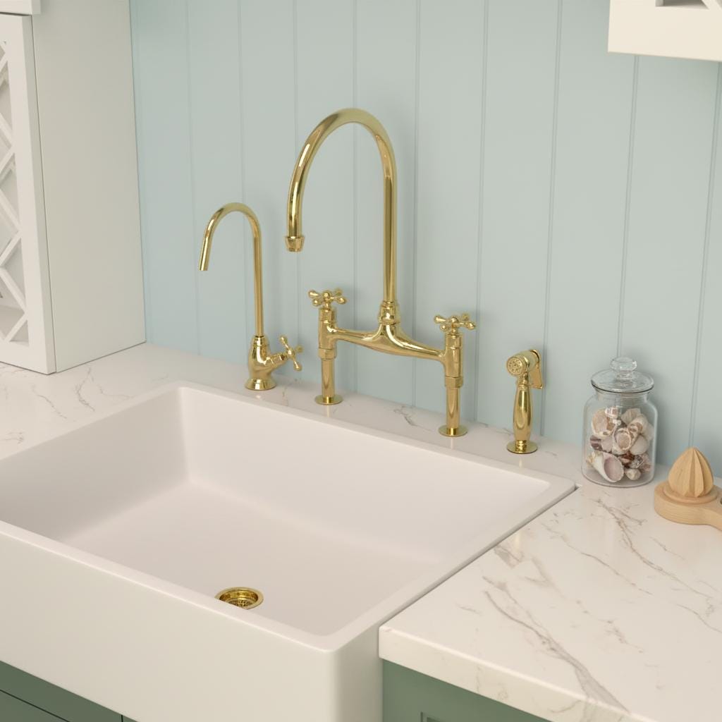 Unlacquered Brass Bridge Faucet Set – Handmade Solid Brass Kitchen Mixer with Filter Tap and Sprayer for Farmhouse Sinks