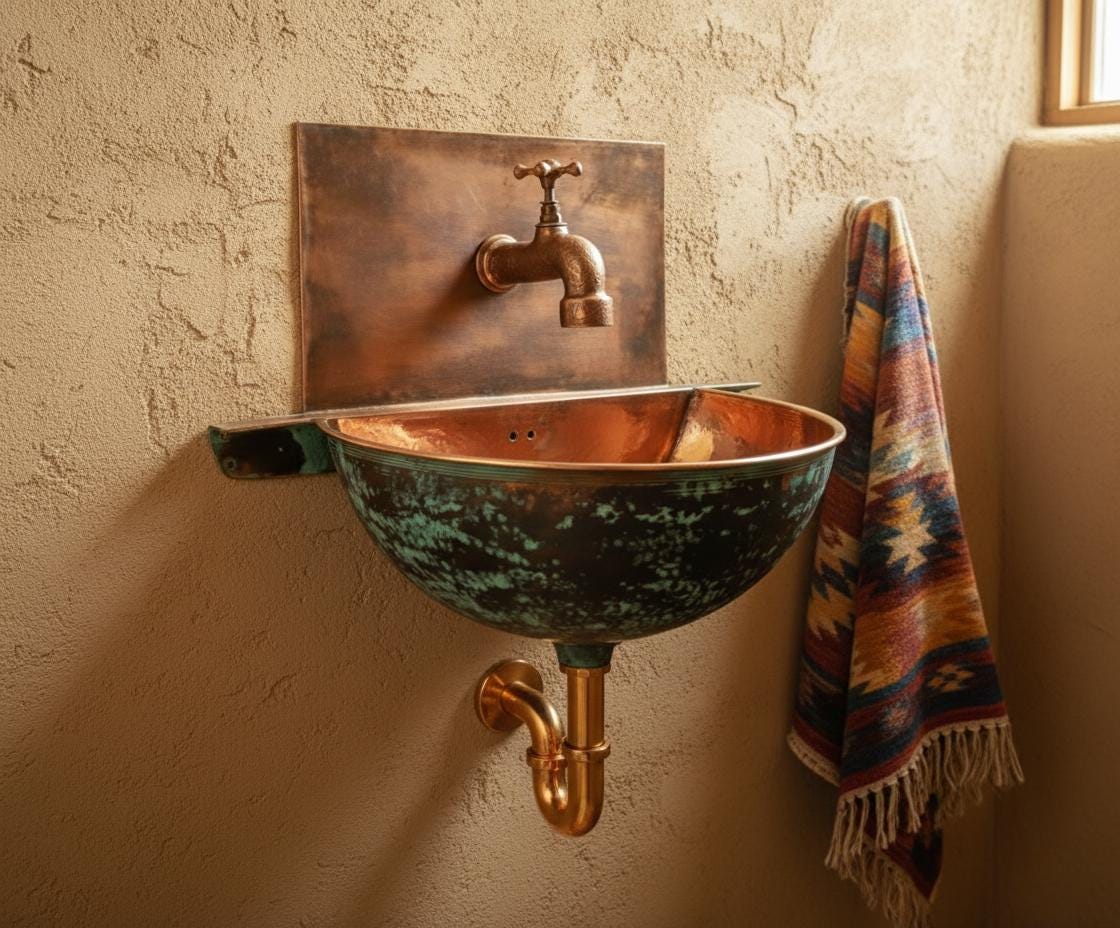 Handcrafted Turquoise Patina Copper Wall Mount Sink with Hammered Interior for Unique Luxury Bathrooms