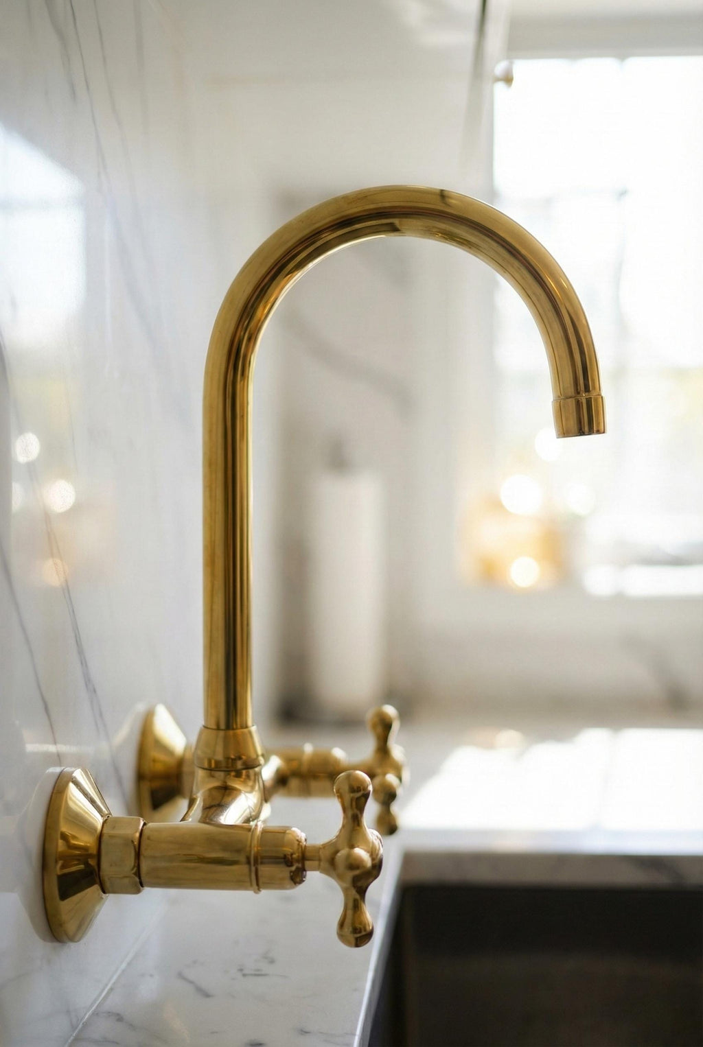 Unlacquered Brass Wall Mount Faucet, Handmade Gooseneck Kitchen Tap Water Mixer with Cross Handles