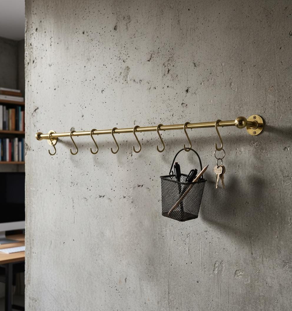 Solid Brass Kitchen Rail with Hooks – Unlacquered Hanging Utensil Bar for Wall