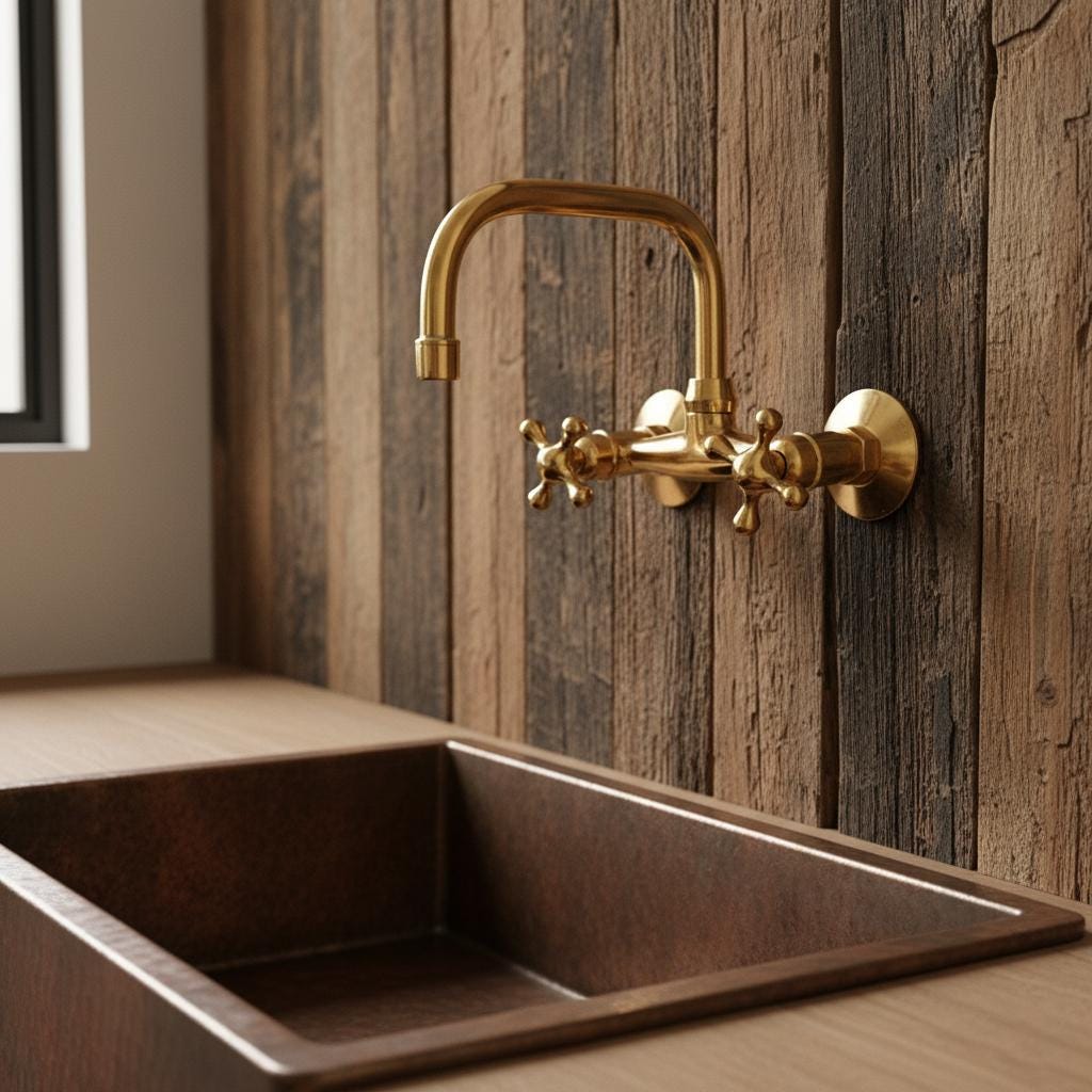Unlacquered Brass Wall Mount Faucet – Handmade Solid Brass Bar or Bathroom Sink Tap with Cross Handles