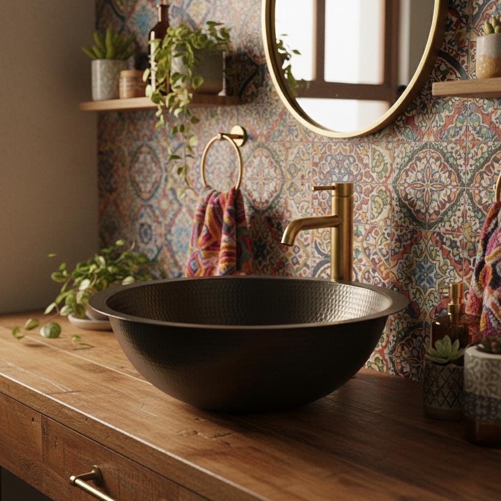 Bathroom vanity with black sink, gold faucet, and decorative tiles.