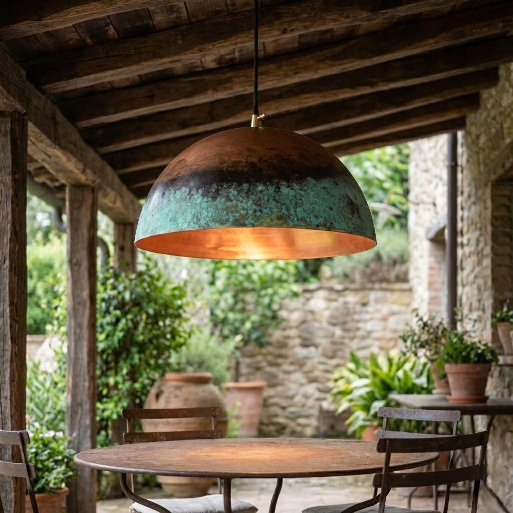 Handmade Copper Pendant Light with Green Patina – Rustic Dome Hanging Ceiling Lamp for Patio, Pergola & Dining Areas