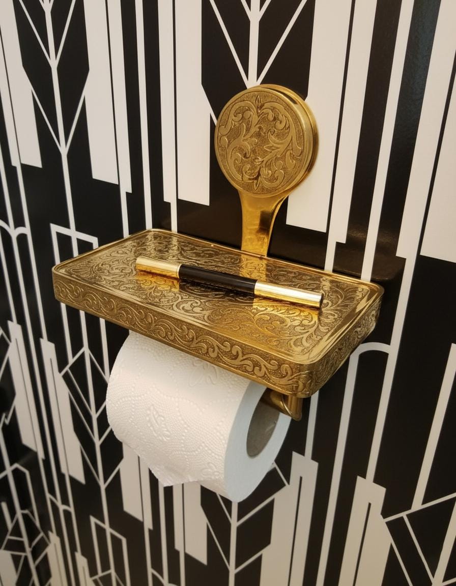 Engraved Solid Brass Toilet Paper Holder with Shelf – Unlacquered Luxury Bathroom Fixture