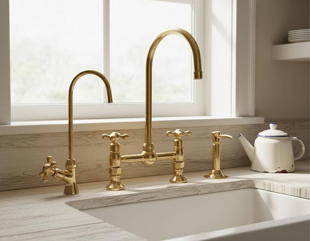 Unlacquered Brass Bridge Kitchen Faucet – Solid Brass Farmhouse Tap with Sprayer