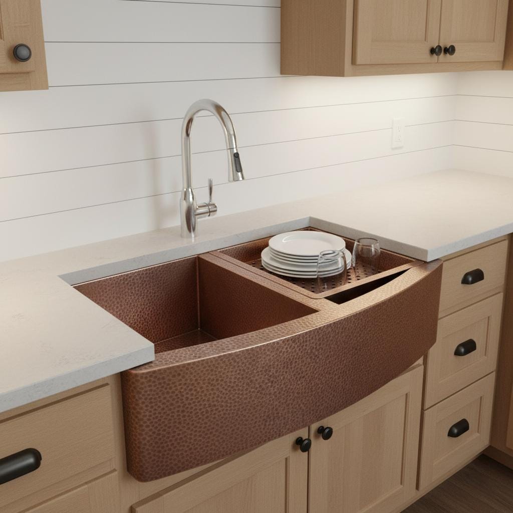 Handmade Hammered Copper Farmhouse Workstation Sink with Apron Front and Removable Prep Tray