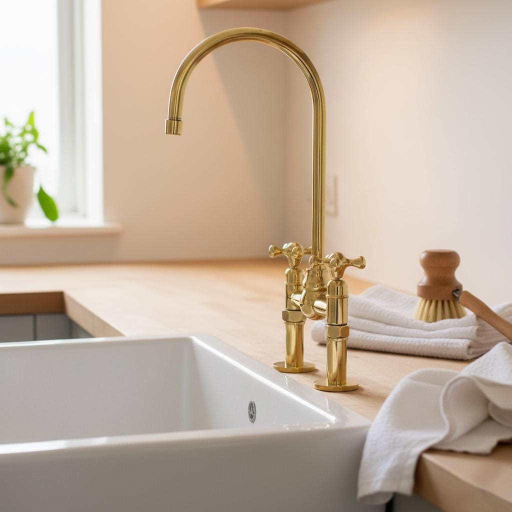 Gold kitchen faucet over a white sink with a wooden countertop and towels.