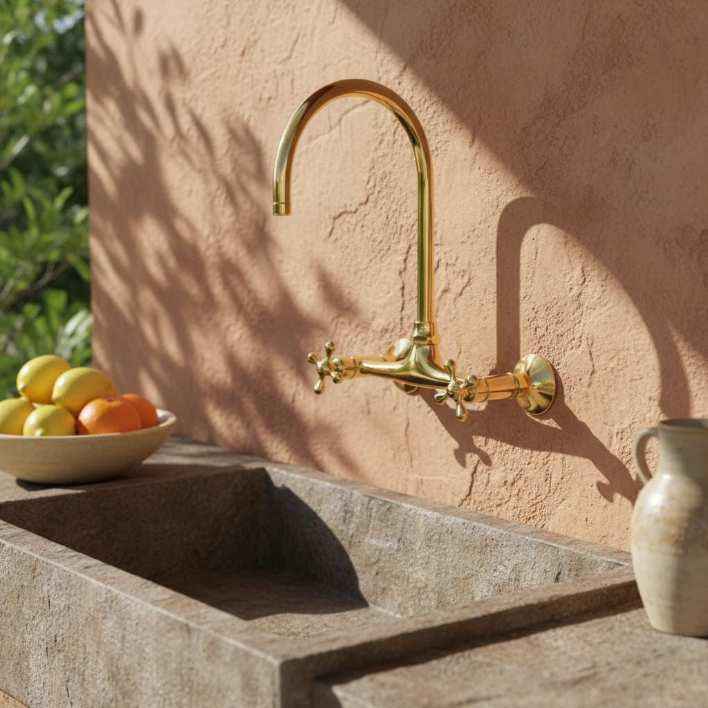 Unlacquered Brass Wall Mount Faucet – Handmade Solid Brass Gooseneck Kitchen Tap with Cross Handles for Farmhouse Sink