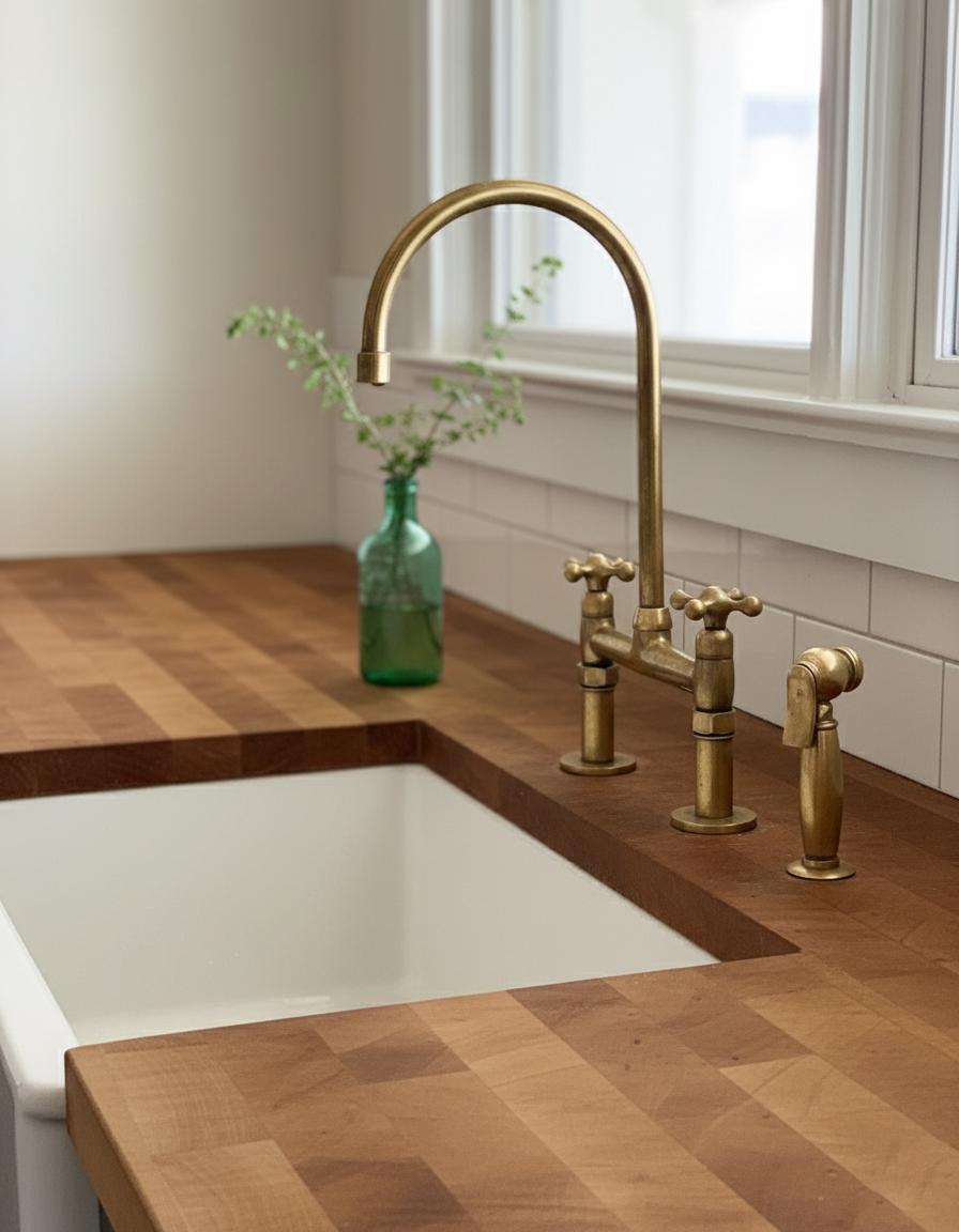 Unlacquered Brass Bridge Faucet with Side Sprayer – Farmhouse Kitchen Sink Mixer, Solid Brass Tap Fixture