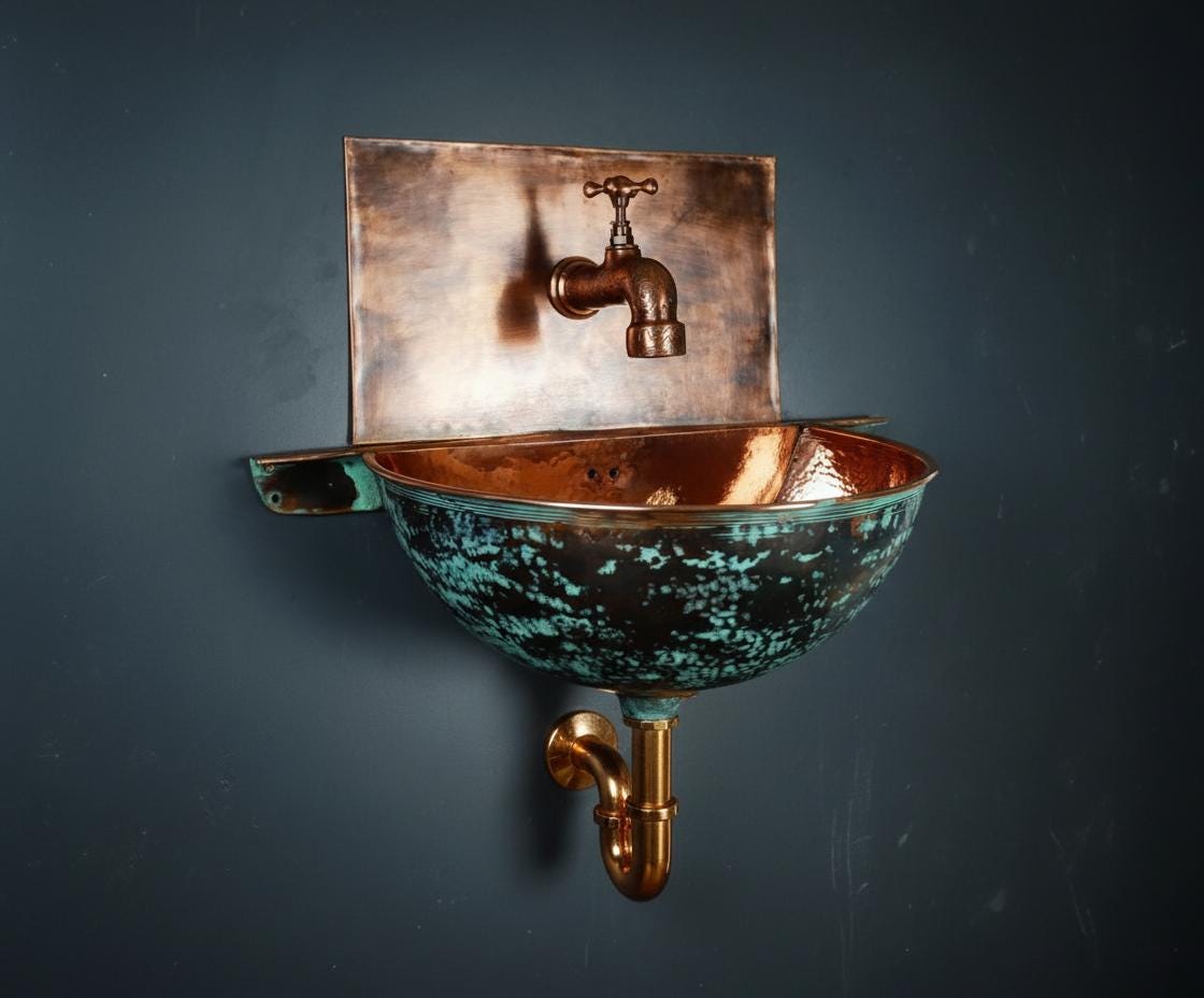 Handcrafted Turquoise Patina Copper Wall Mount Sink with Hammered Interior for Unique Luxury Bathrooms