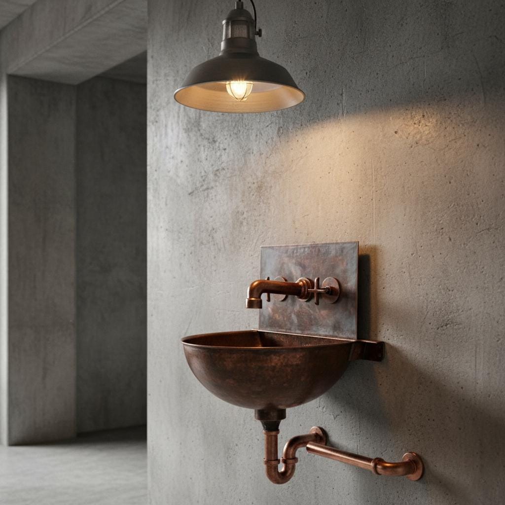 Vintage-style wall-mounted sink with copper faucet in a concrete-walled room.